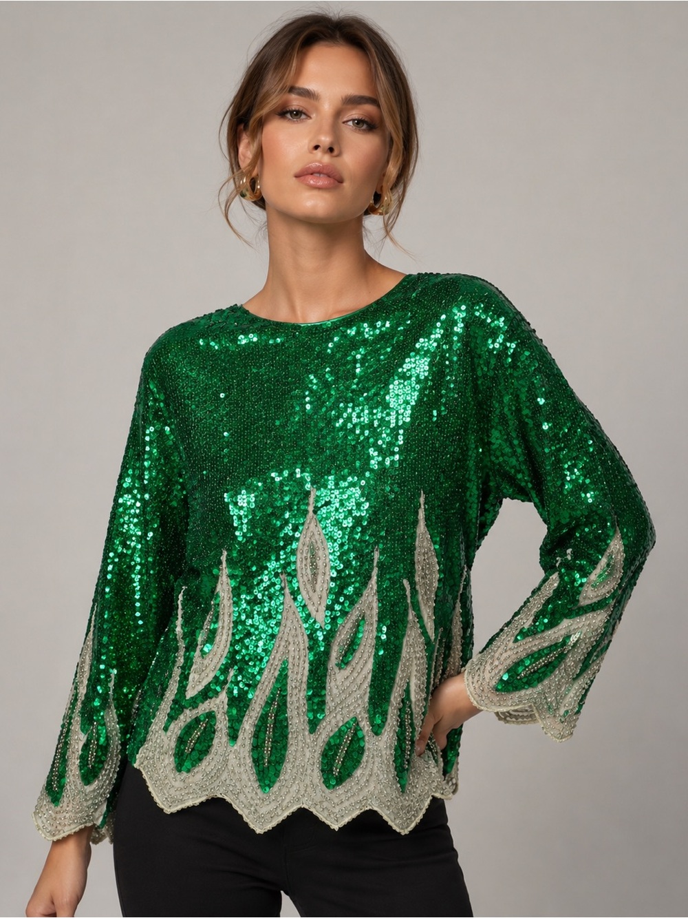 Vintage Handmade Emerald Green Sequin & Beaded Scalloped Edge Dolman Sleeve Top